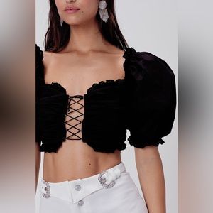 FOR LOVE & LEMONS | Sage Lace Up Crop Top in Black | Size Small